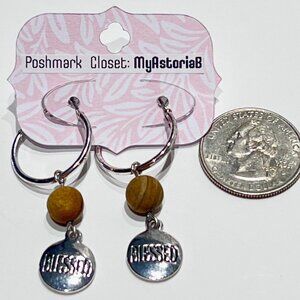Silver Loops with Blessed in Circle Drop Down Earrings Silver Tone NWOT